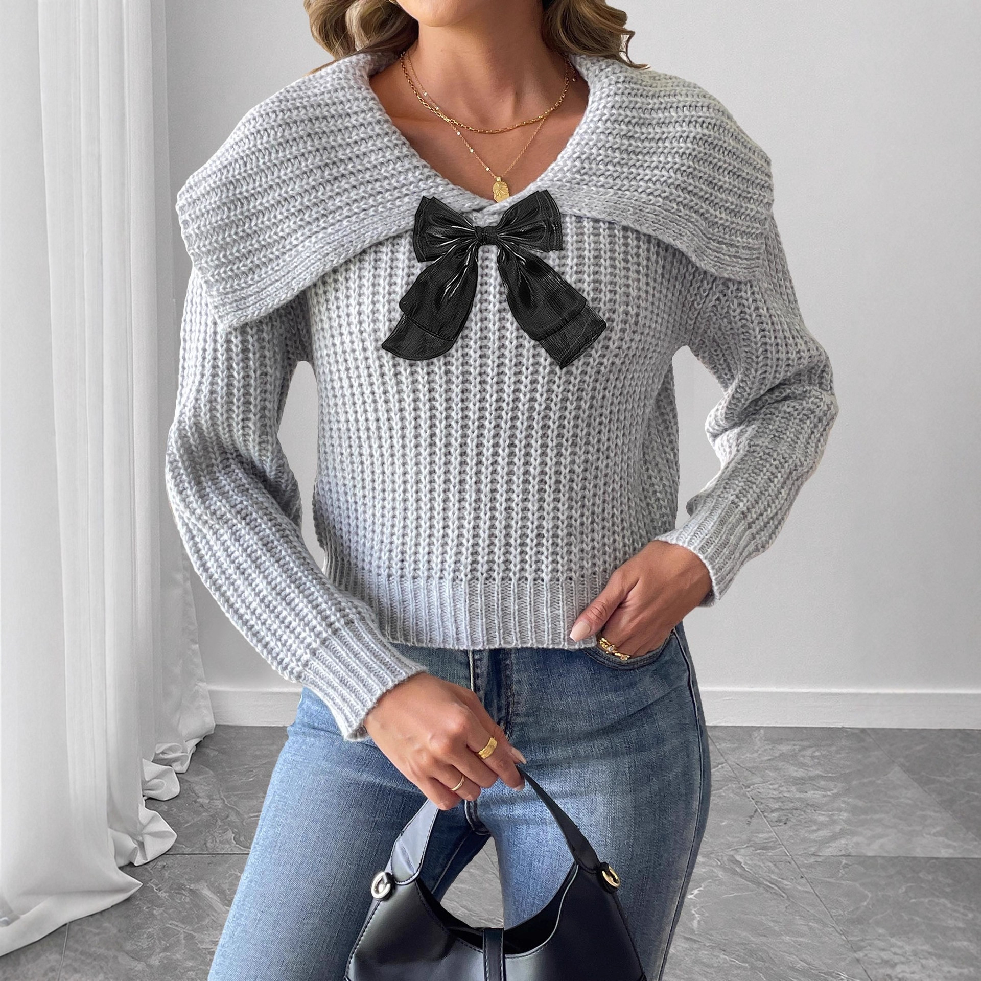 Women's Cropped Knit Sweater with Bow Detail and Oversized Collar