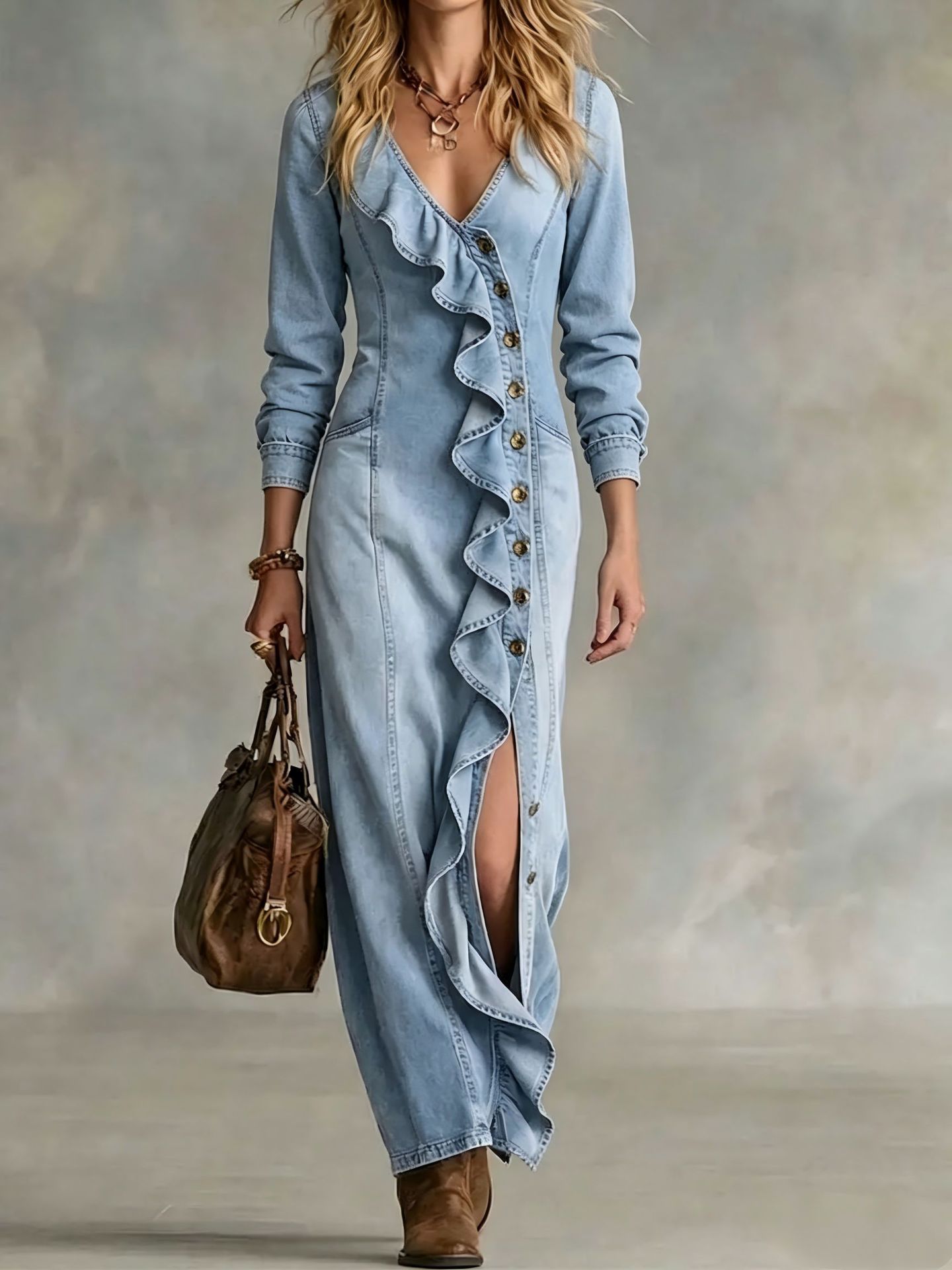 Women's Long Sleeve V-Neck Slit Denim Dress Solid Color Long