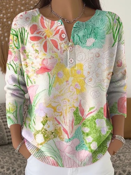 Women's Christmas Floral Print Buttoned Sweatshirt