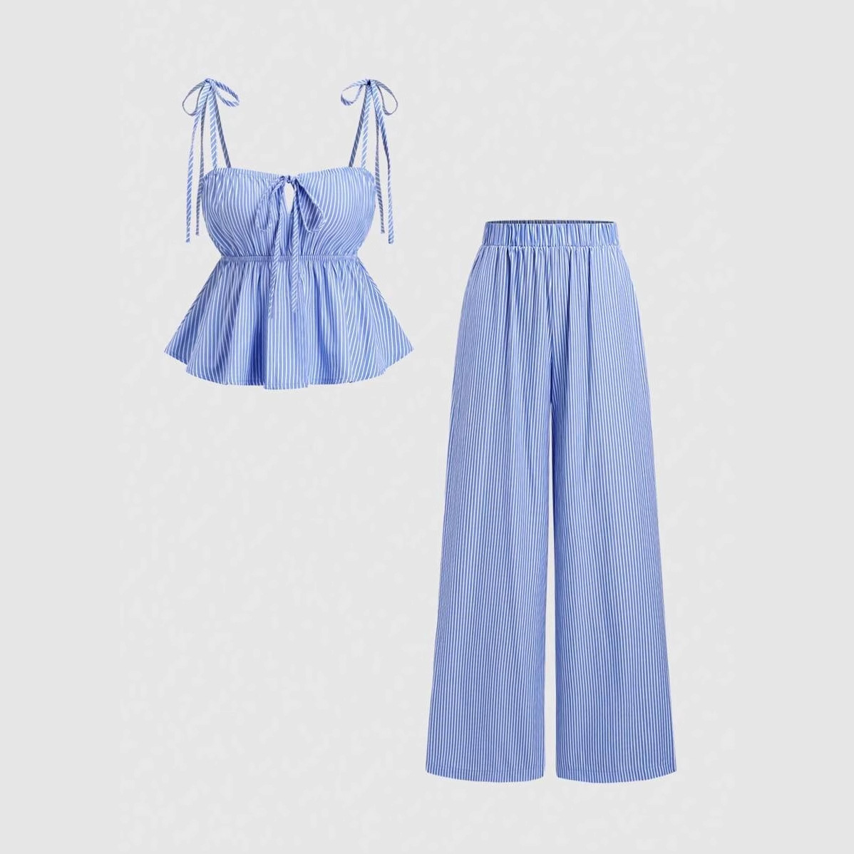 Blue Vertical Striped Wide-Leg Pants Set Women's High Waist Loose Casual