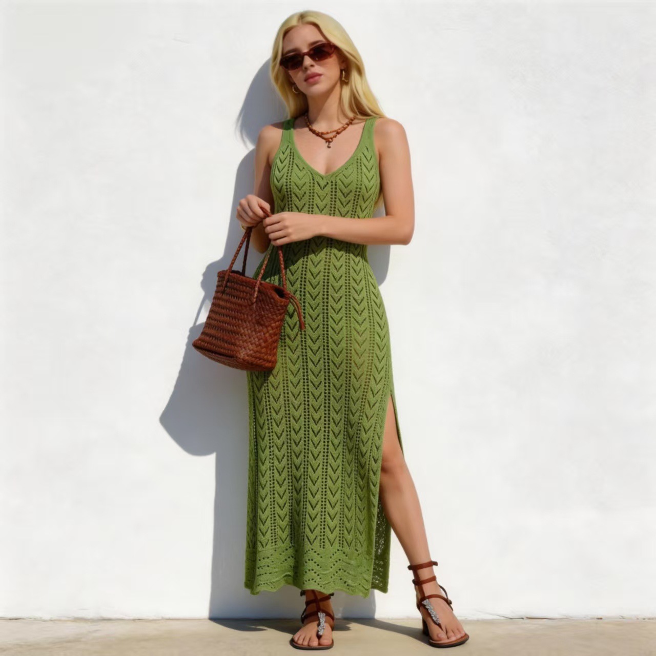 V-Neck Sleeveless Openwork Knit Cami Dress with High Slit