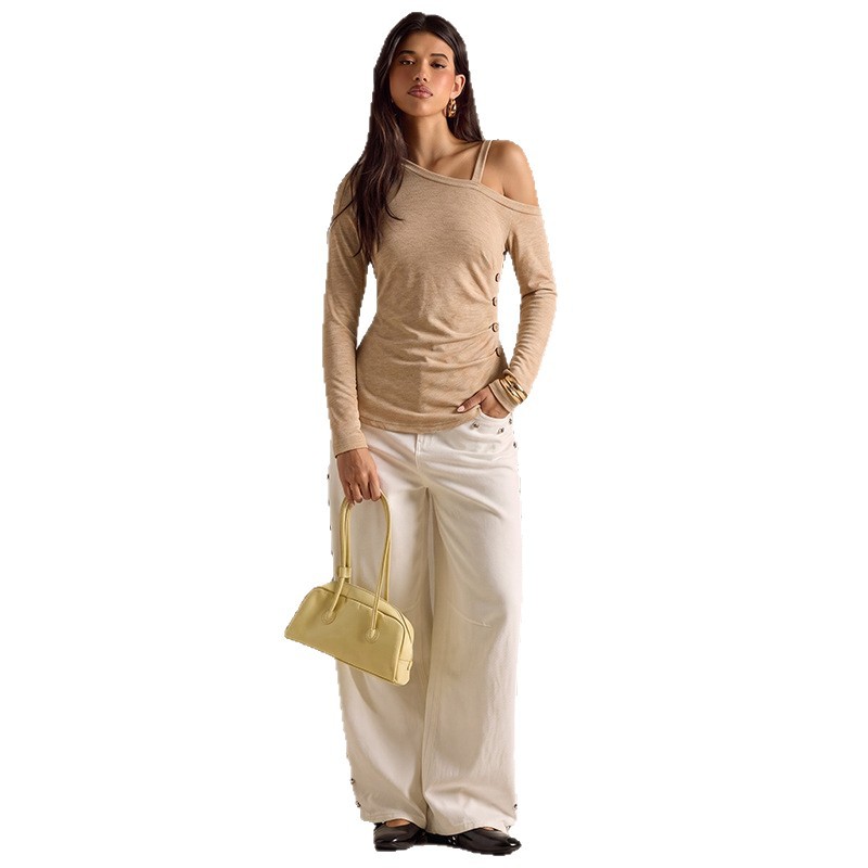Plus Size Women's Asymmetric Off-Shoulder Long Sleeve Top with Faux Two-Piece Straps and Side Buttons