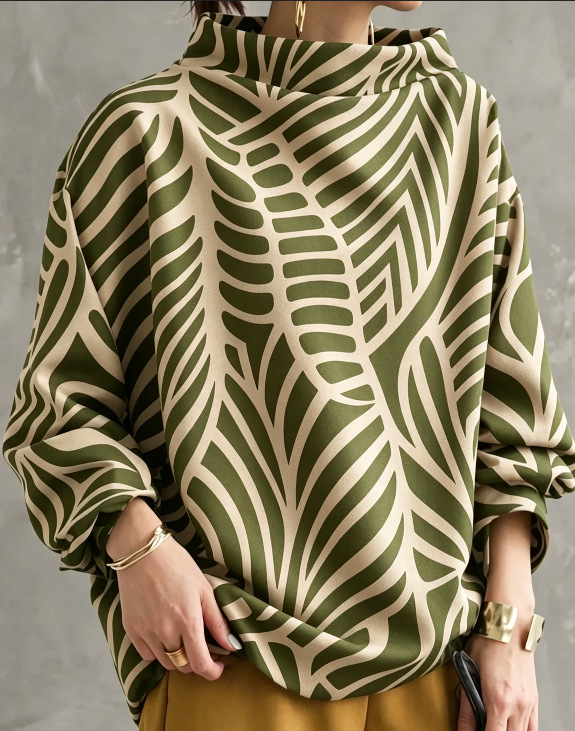 Women's Long Sleeve Loose Colorblock Print High Neck Sweatshirt
