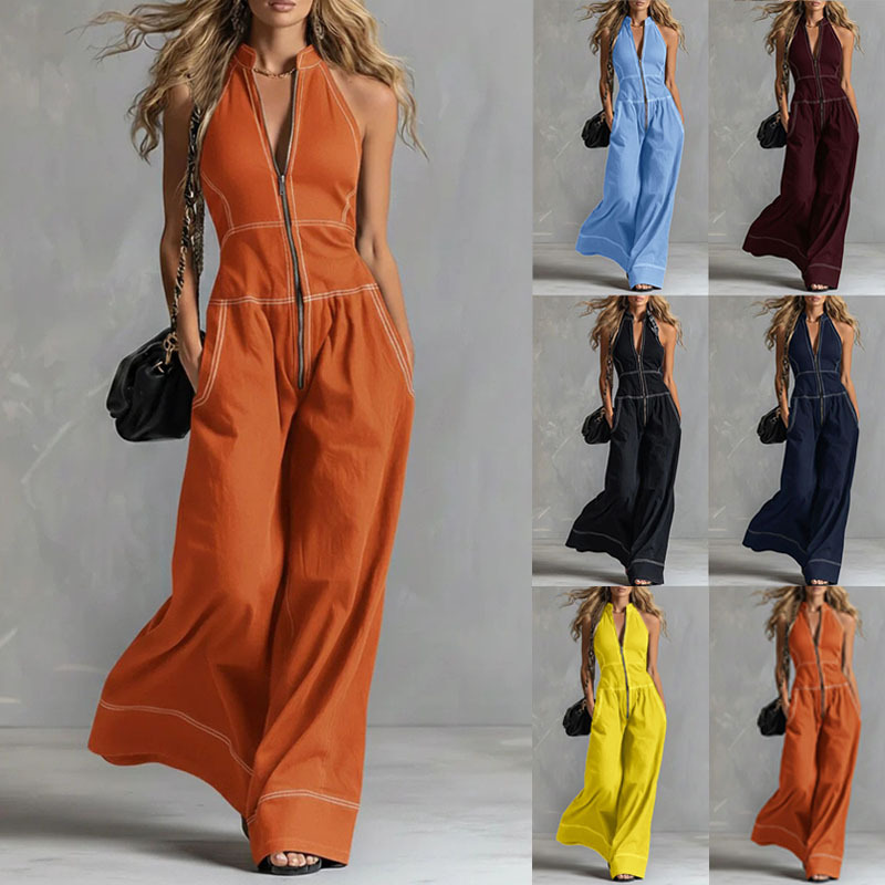 Women's Sleeveless Stand Collar Wide-Leg Jumpsuit