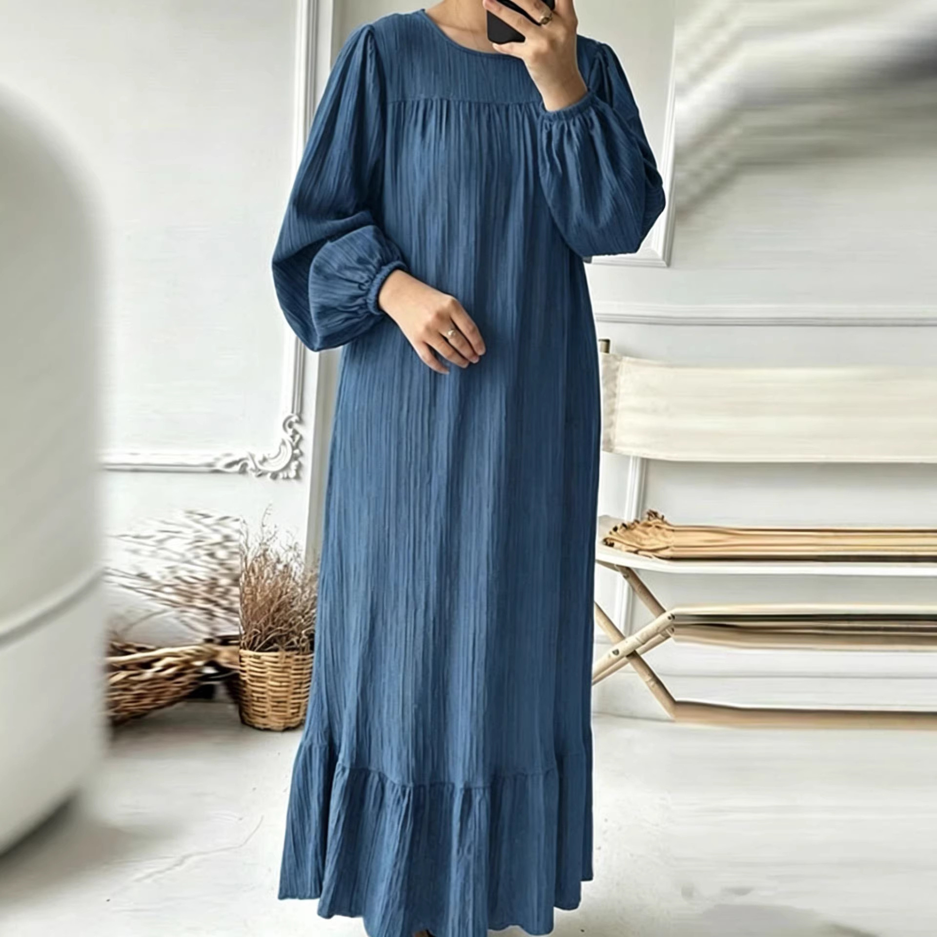 Women's Puff Sleeve A-Line Long Dress with Ruffle Hem