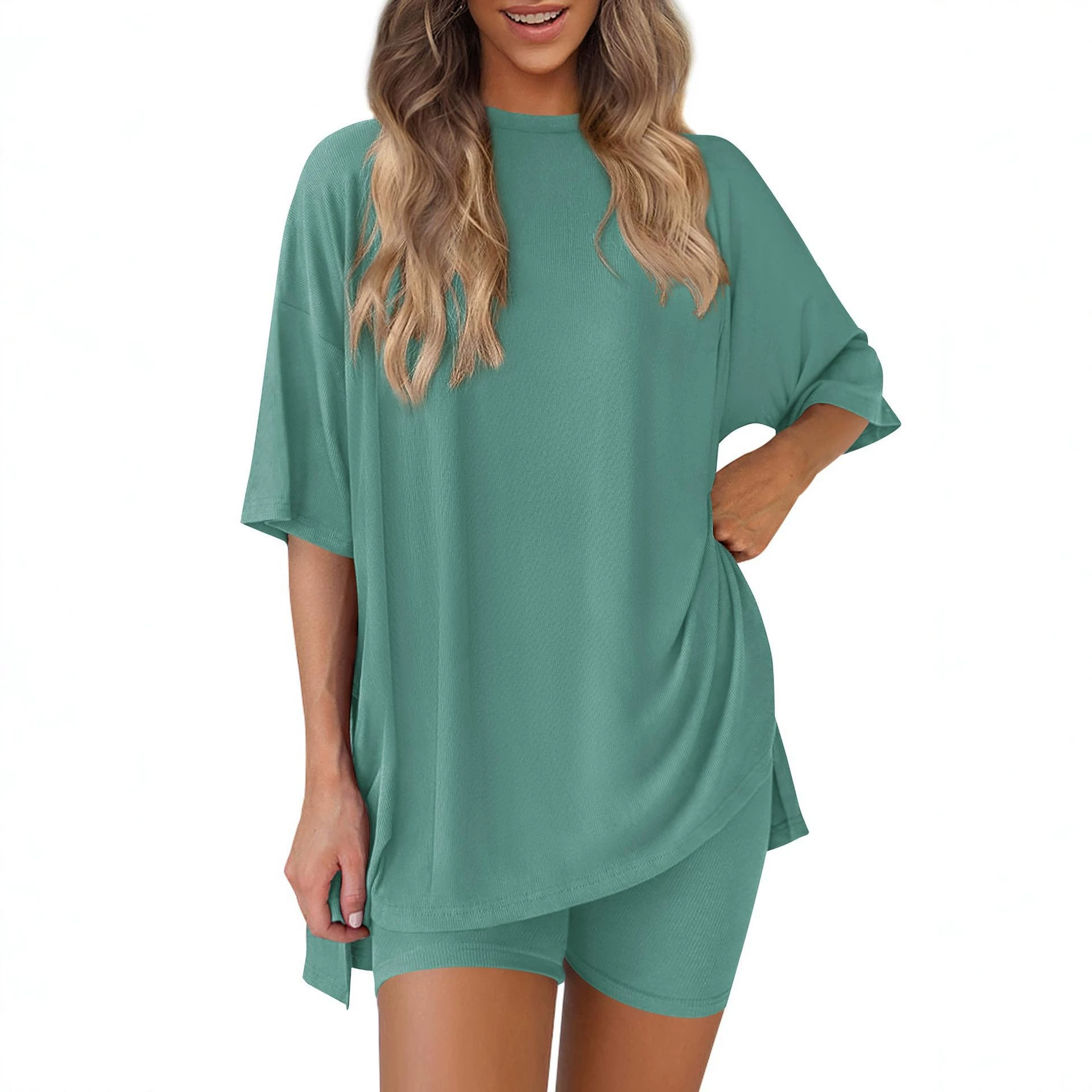 Women's Solid Color Loose Fit Casual Pajama Set with Pockets