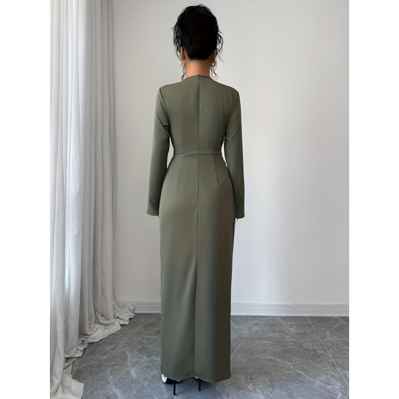 Women's Solid V-Neck Ruched Waist Slit Long Sleeve Dress with Metal Button