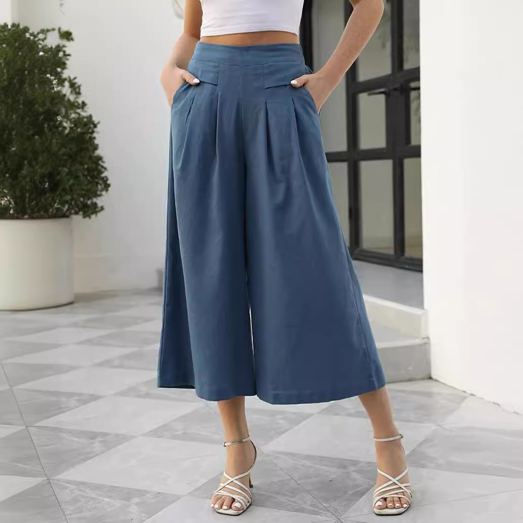 Women's Cotton-Feel Wide-Leg Cropped Pants with Elastic Waist and Pockets