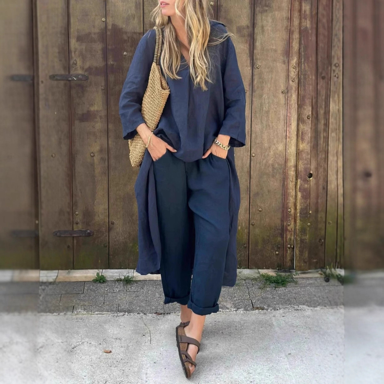 Women's Summer V-Neck Two-Piece Skirt Set with Pockets, Solid Color, Loose Fit