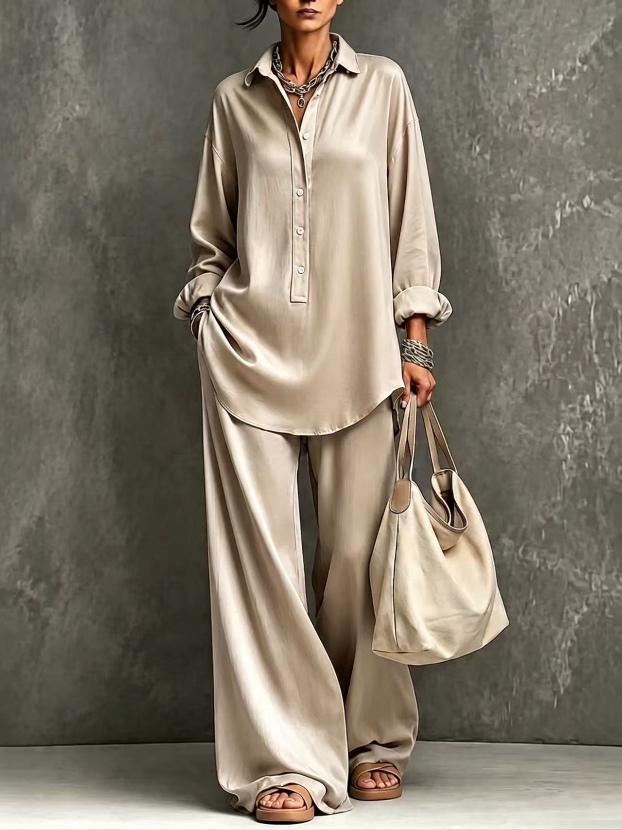 Women's Solid Color Collared Button Long Sleeve Shirt & Wide Leg Pants Set