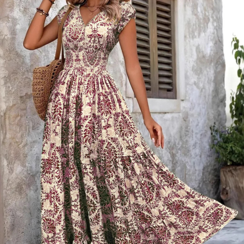 Vintage Geometric Print V-Neck Short Sleeve A-Line Maxi Dress