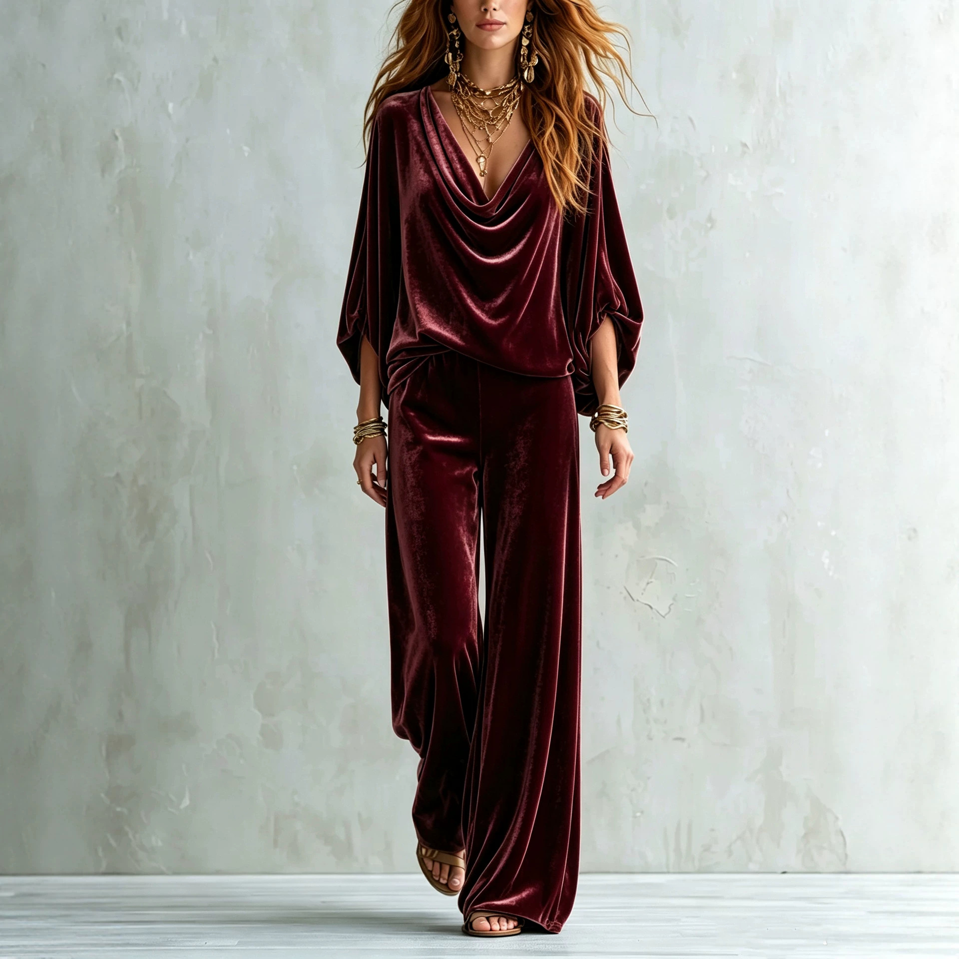 Bohemian Solid Color Cowl Neck Batwing Sleeve Top and Wide-Leg Pants Set