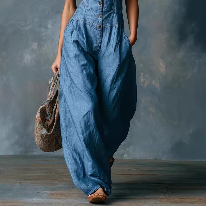 Retro Western V-Neck Button-Front Sleeveless Wide-Leg Jumpsuit in Blue
