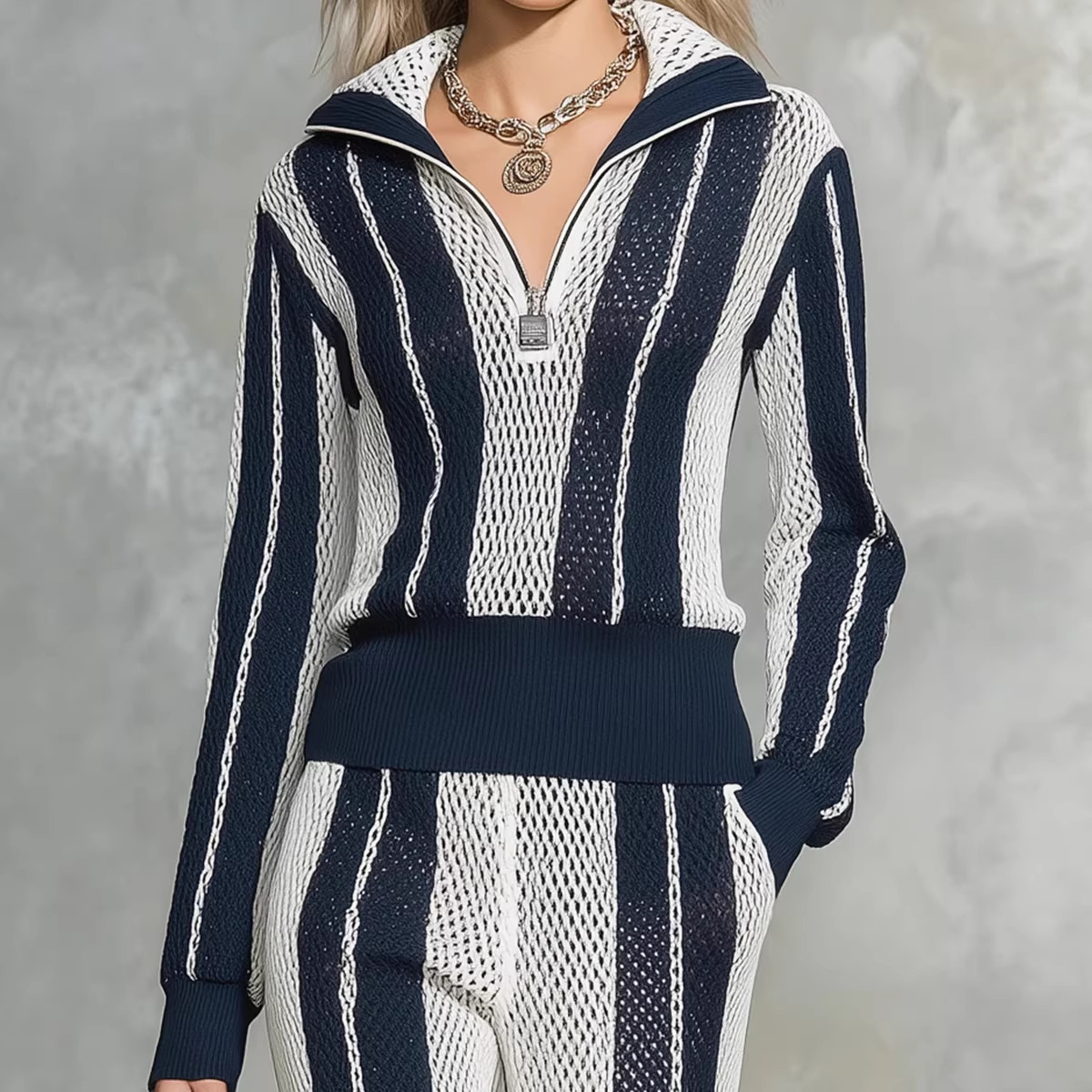 V-Neck Striped Hollow-Out Knit Shirt & Wide-Leg Pants Set