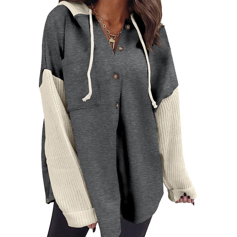 Women's Hooded Sweatshirt with Knit Splicing Casual Jacket