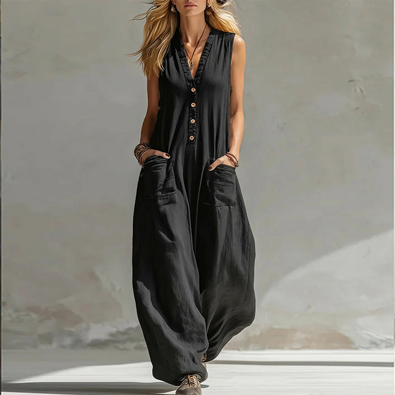 Women's Sleeveless V-Neck Wide-Leg Jumpsuit Solid Color