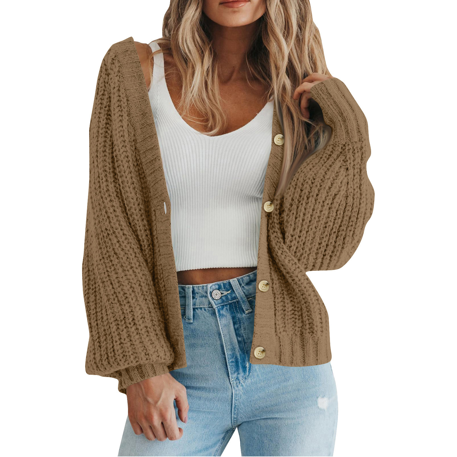 Women's Loose Knit Cardigan Sweater with Lantern Sleeves