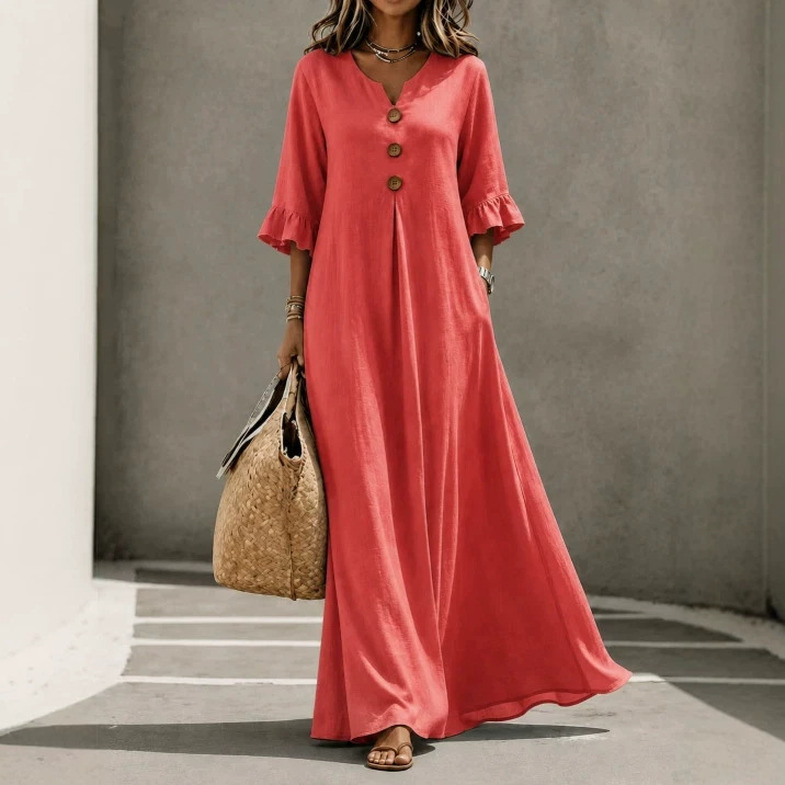 Women's V-Neck 3/4 Sleeve Cotton-Blend Long A-Line Dress