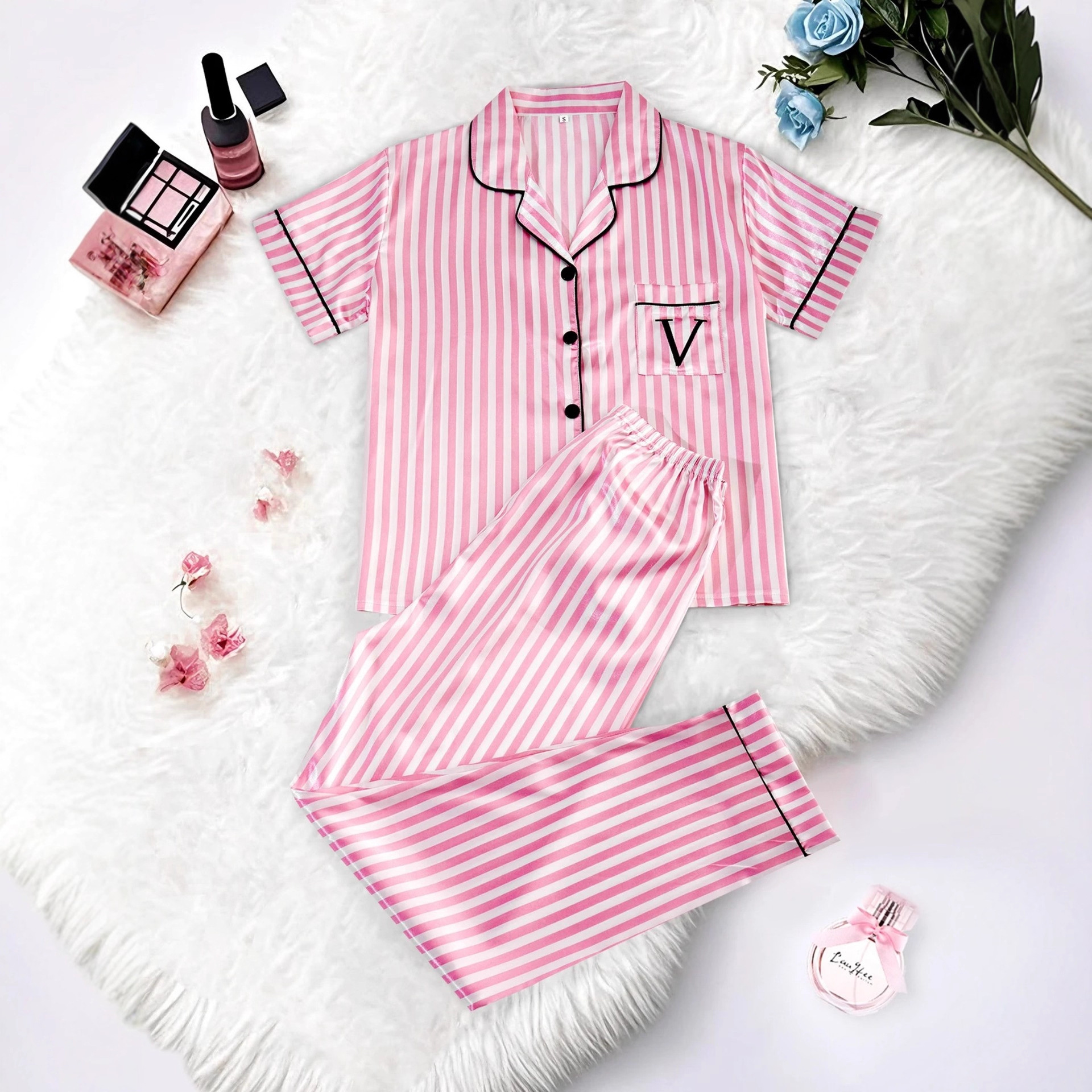 Women's Striped Cuban Collar Short Sleeve Shirt and Pants Set