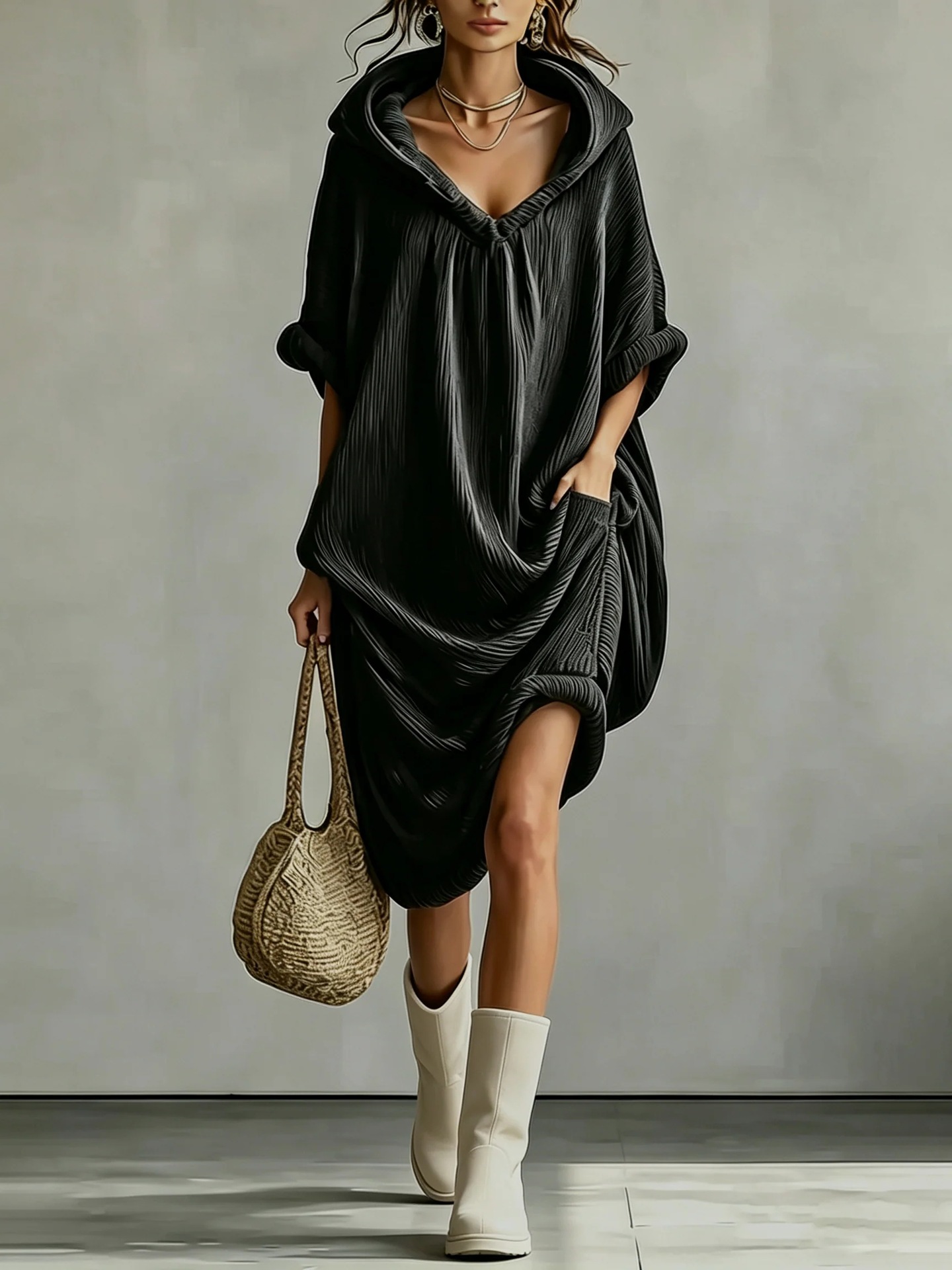 Dark Textured Pleated Hooded Sweatshirt Dress Slit Loose Midi