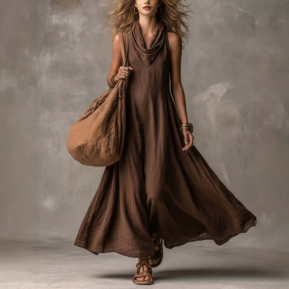Women's Sleeveless Cowl Neck A-Line Maxi Dress Loose Fit