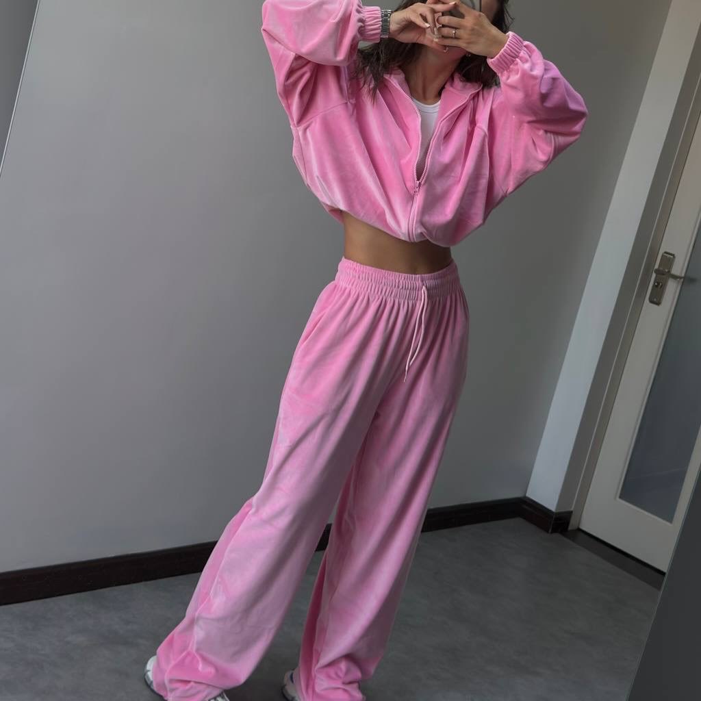 Women's Solid Color Long Sleeve Zip Cardigan Jacket and Pants Two-Piece Set