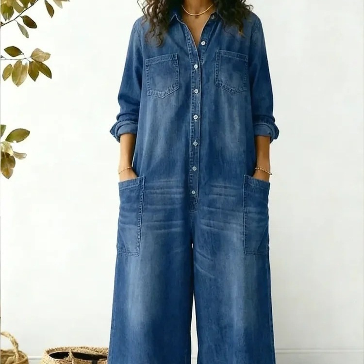 Soft Denim Jumpsuit with Long Sleeves, Collared Neck, Chest Pockets, Side Pockets, Loose Wide Leg