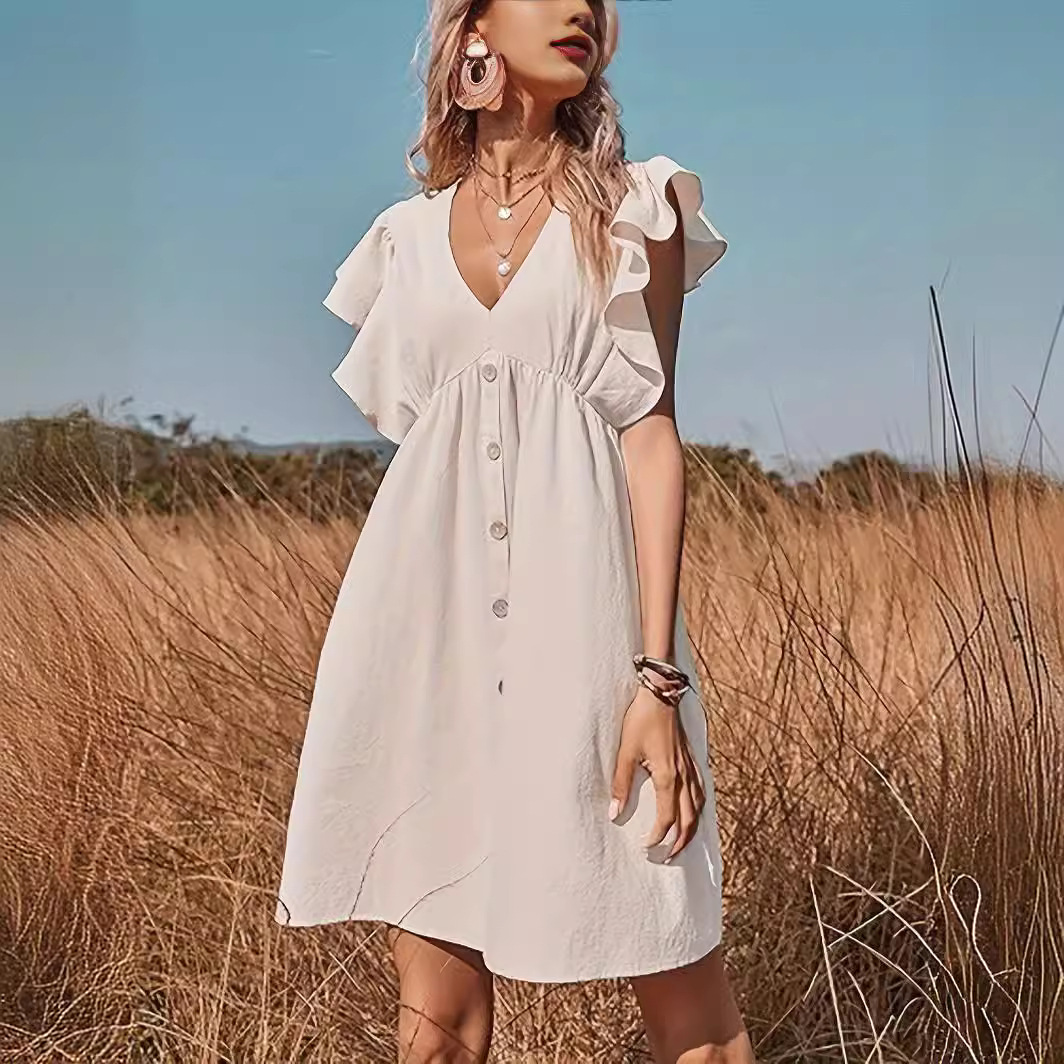 V-Neck A-Line Cinched Waist Midi Dress with Ruffle Sleeves
