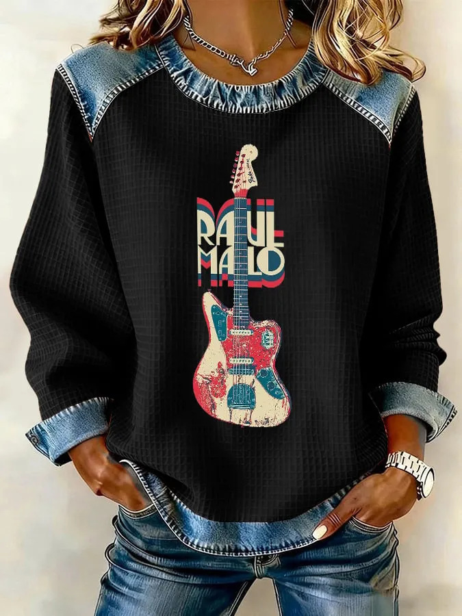 Women's Letter Guitar Print Crewneck Sweatshirt