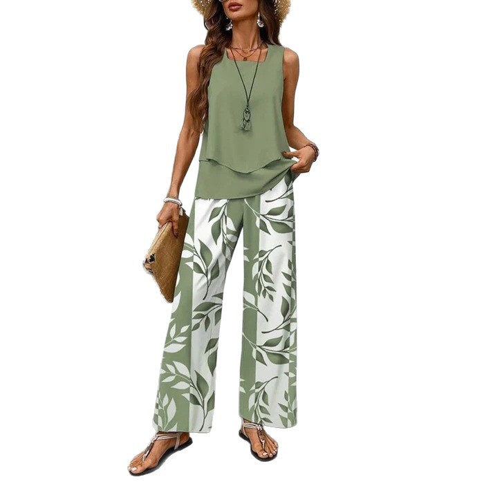 Sleeveless Tank Top and Digital Print Pants Set