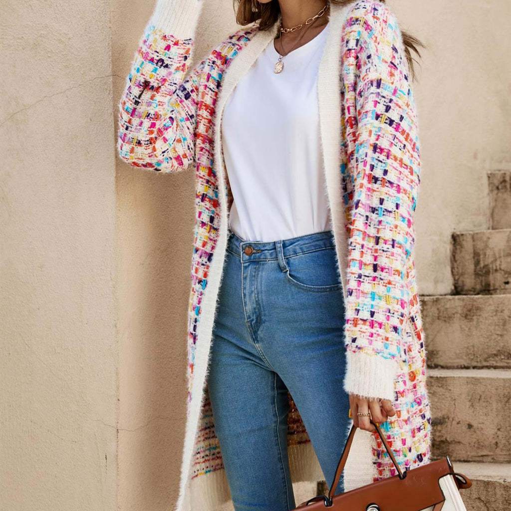 Women's Color-Block Knit Cardigan, Long Sleeve V-Neck Mid-Length Top