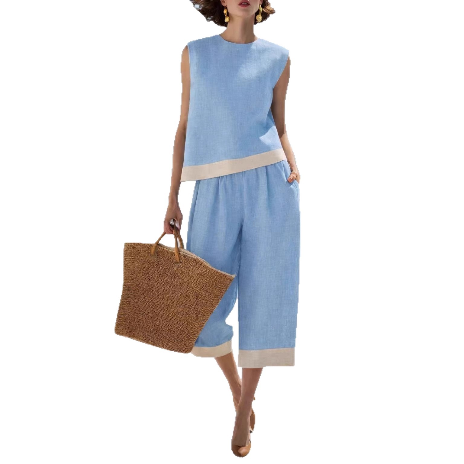 Women's Spring Summer Cotton Linen Blend Sleeveless Top Set Casual