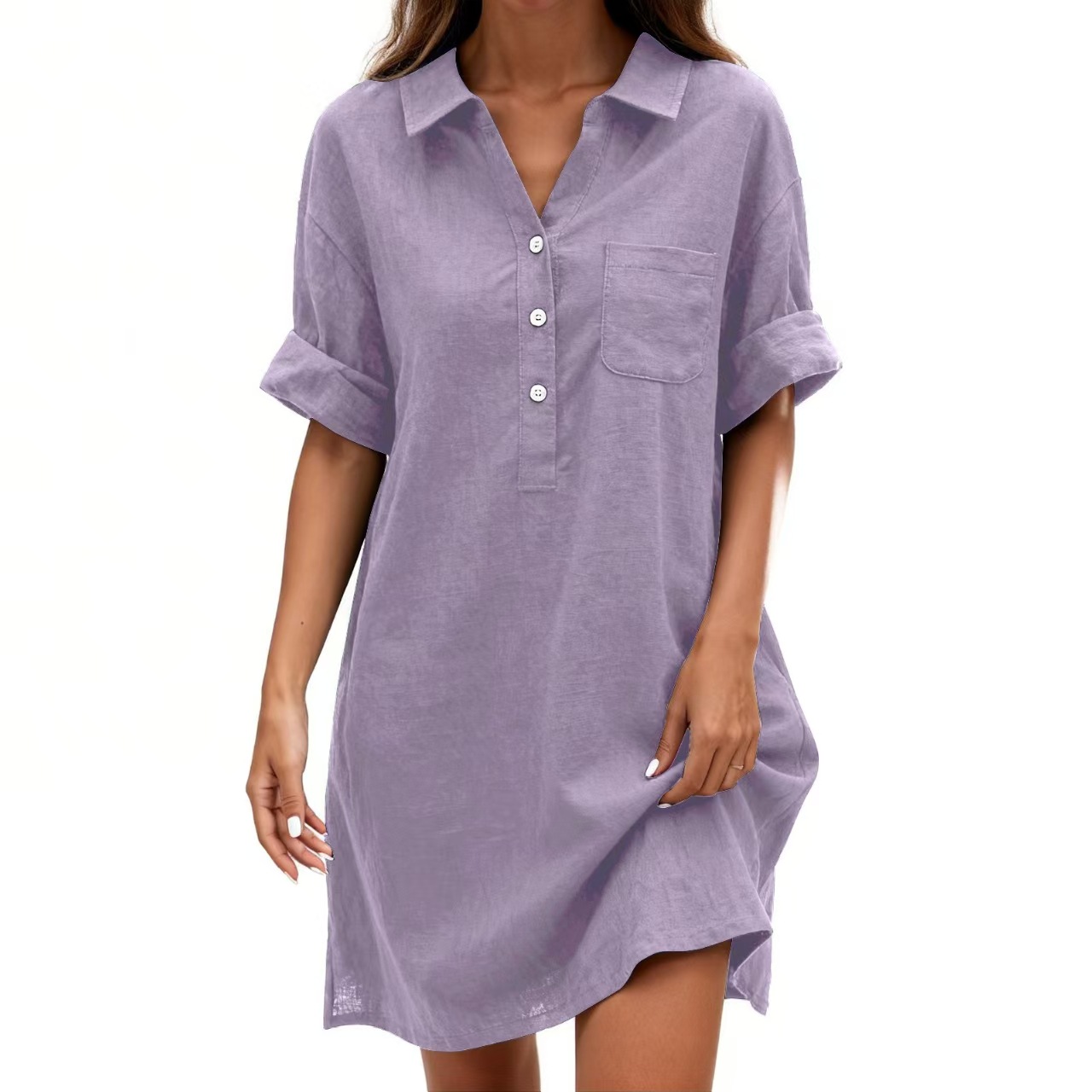 Women's Cotton Short Sleeve Midi Dress with Small Lapel Collar