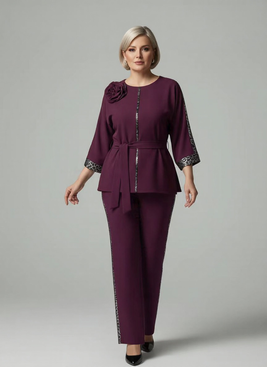 Plus Size Leopard Print & Floral Patchwork Two-Piece Pants Set
