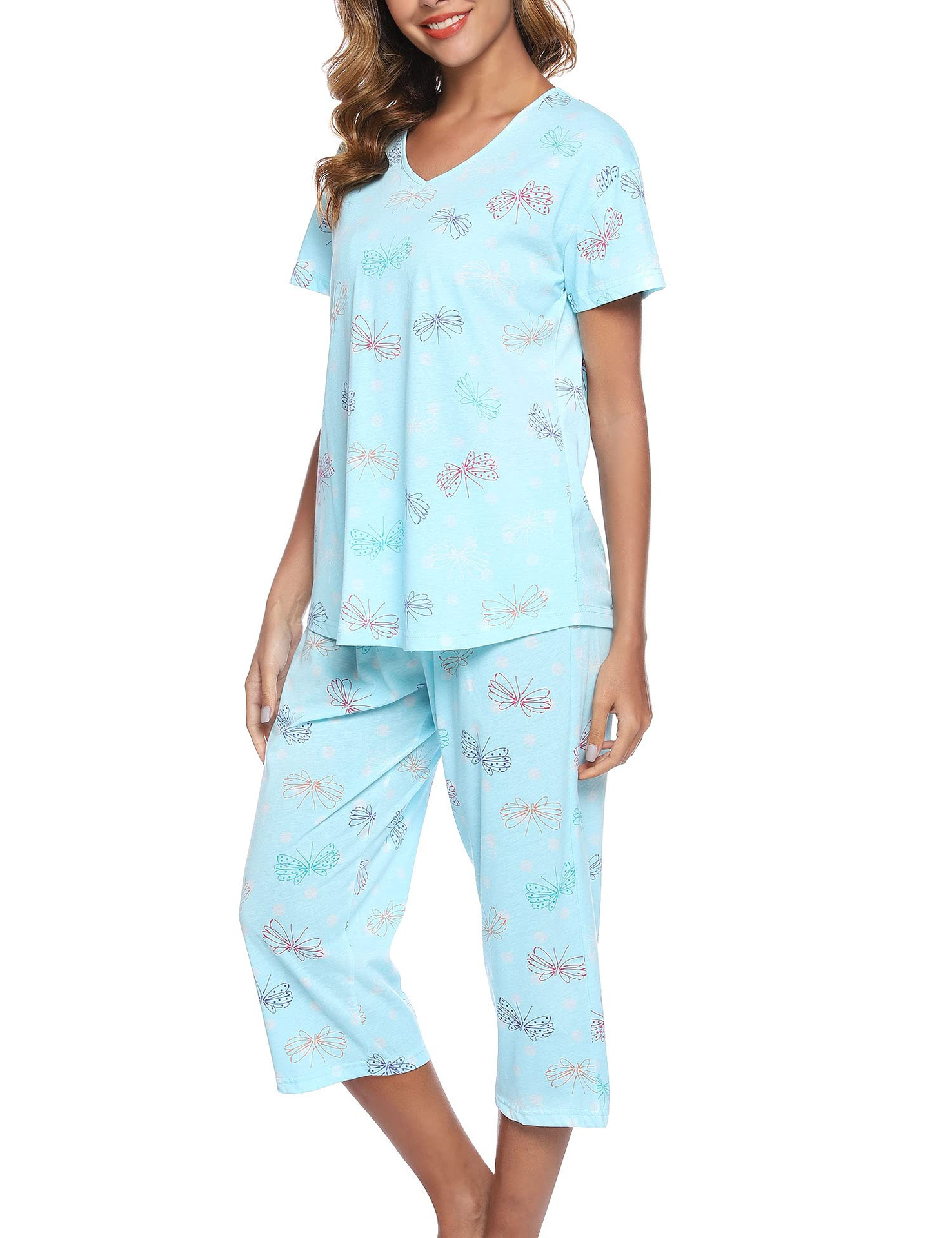 Women's Short Sleeve Capri Pants Pajama Set Knit Cotton Loungewear Plus Size