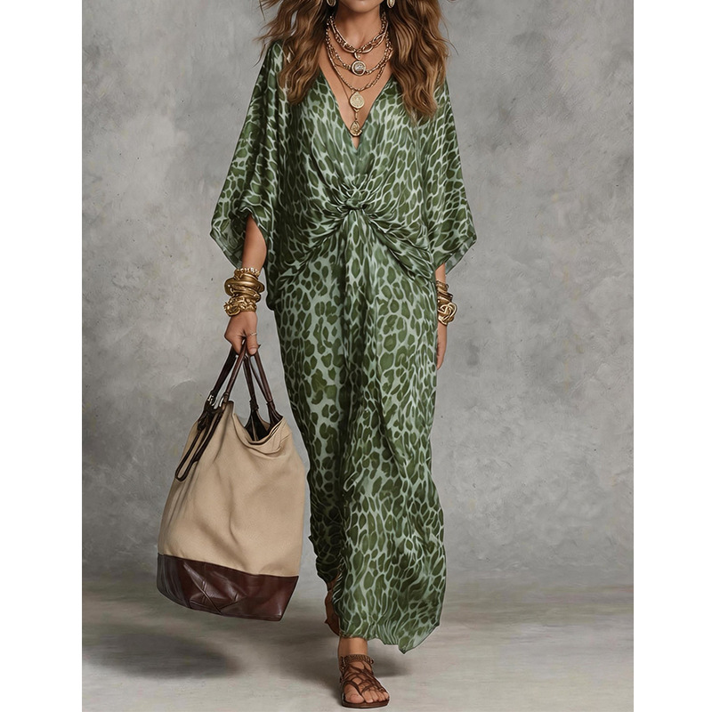 Women's Loose V-Neck Leopard Print Long Dress