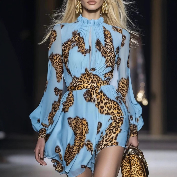 Elegant Leopard Print Sky Blue Chiffon Mini Dress
