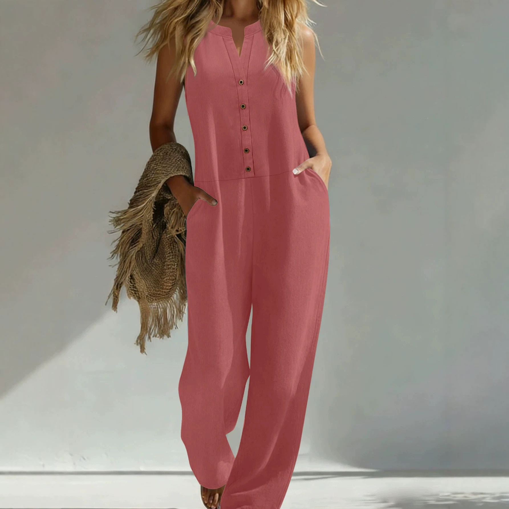 Women's Solid Wide-Leg Sleeveless V-Neck Button Jumpsuit