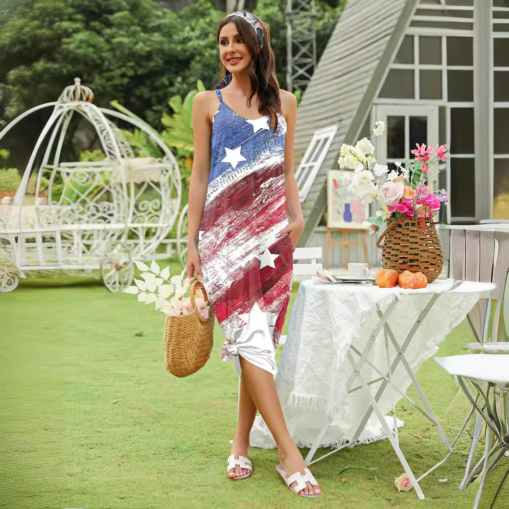 Flag Print Sleeveless A-Line Midi Dress with Pockets