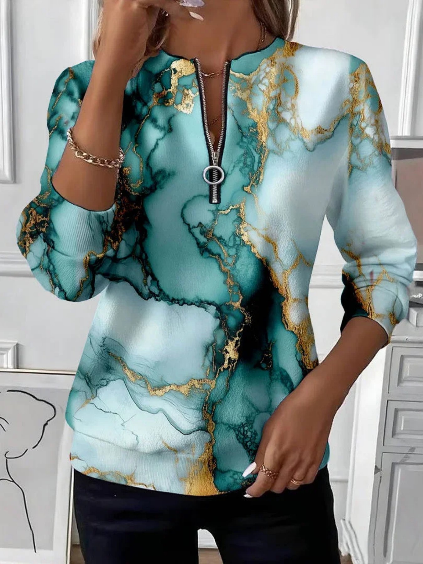 Retro Leaf Floral Print Half-Zip Hoodie for Women