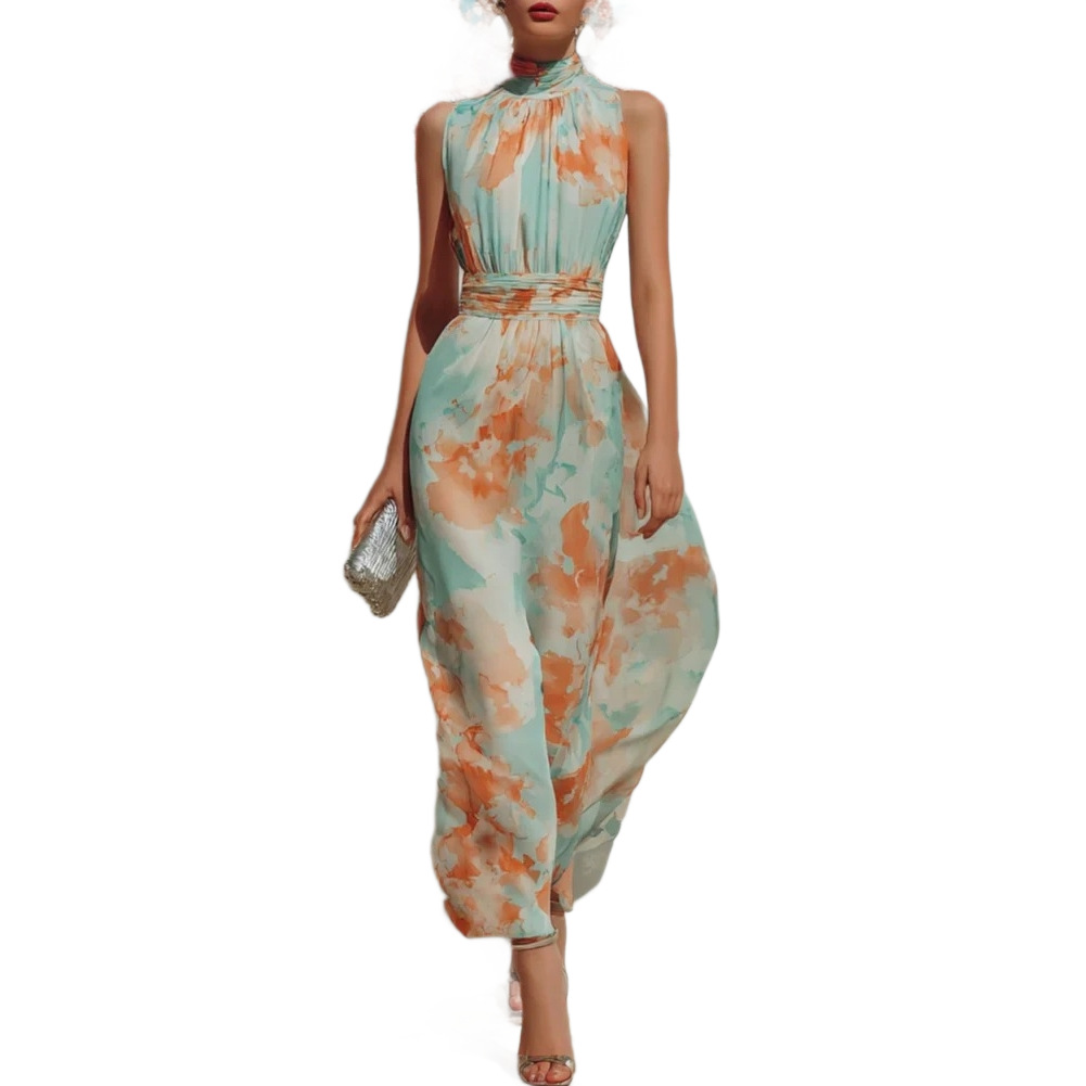 Sleeveless Digital Print Cinched Waist Pleated Midi Shirt Dress