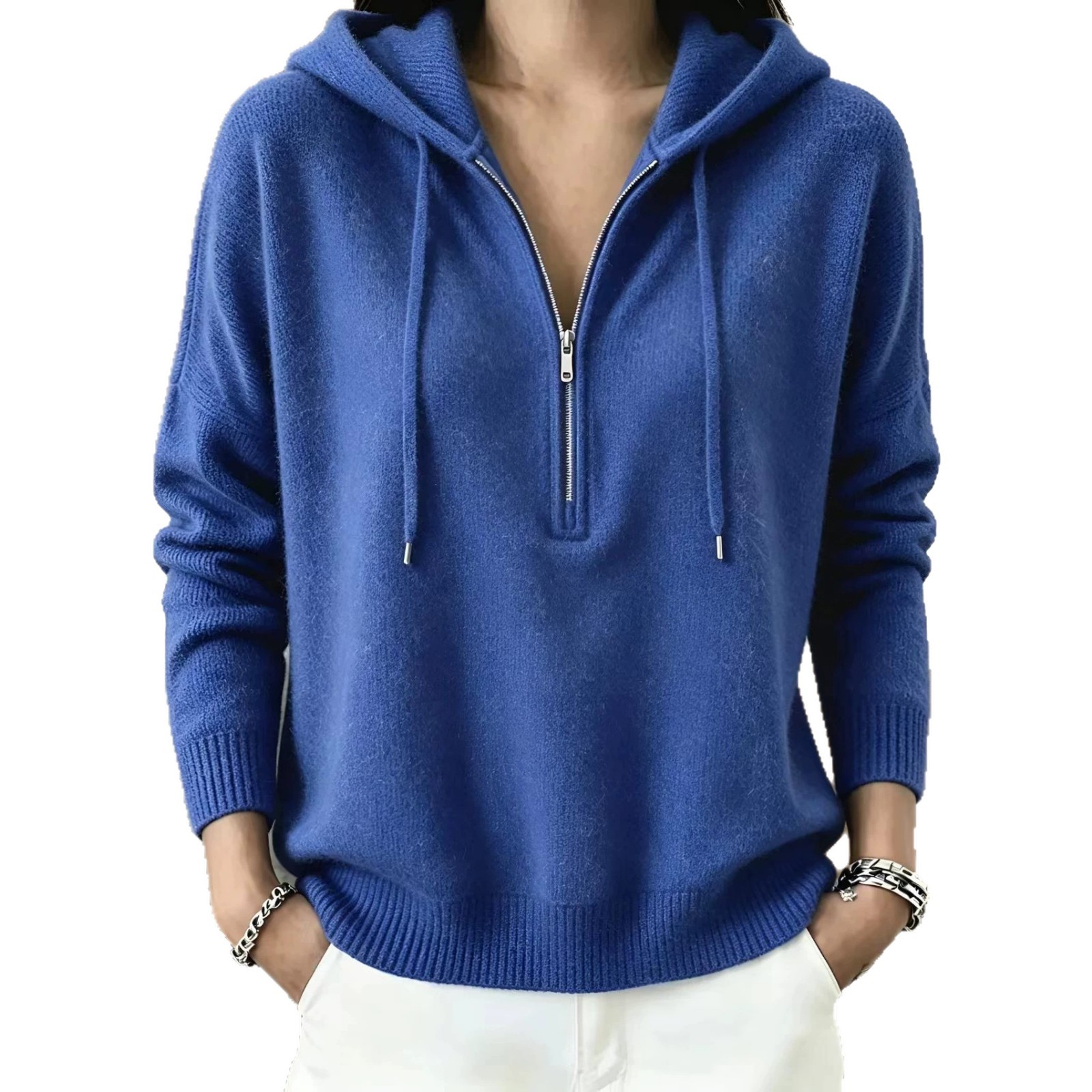 Women's Half-Zip Hooded Sweater Solid Color Loose Fit Pullover