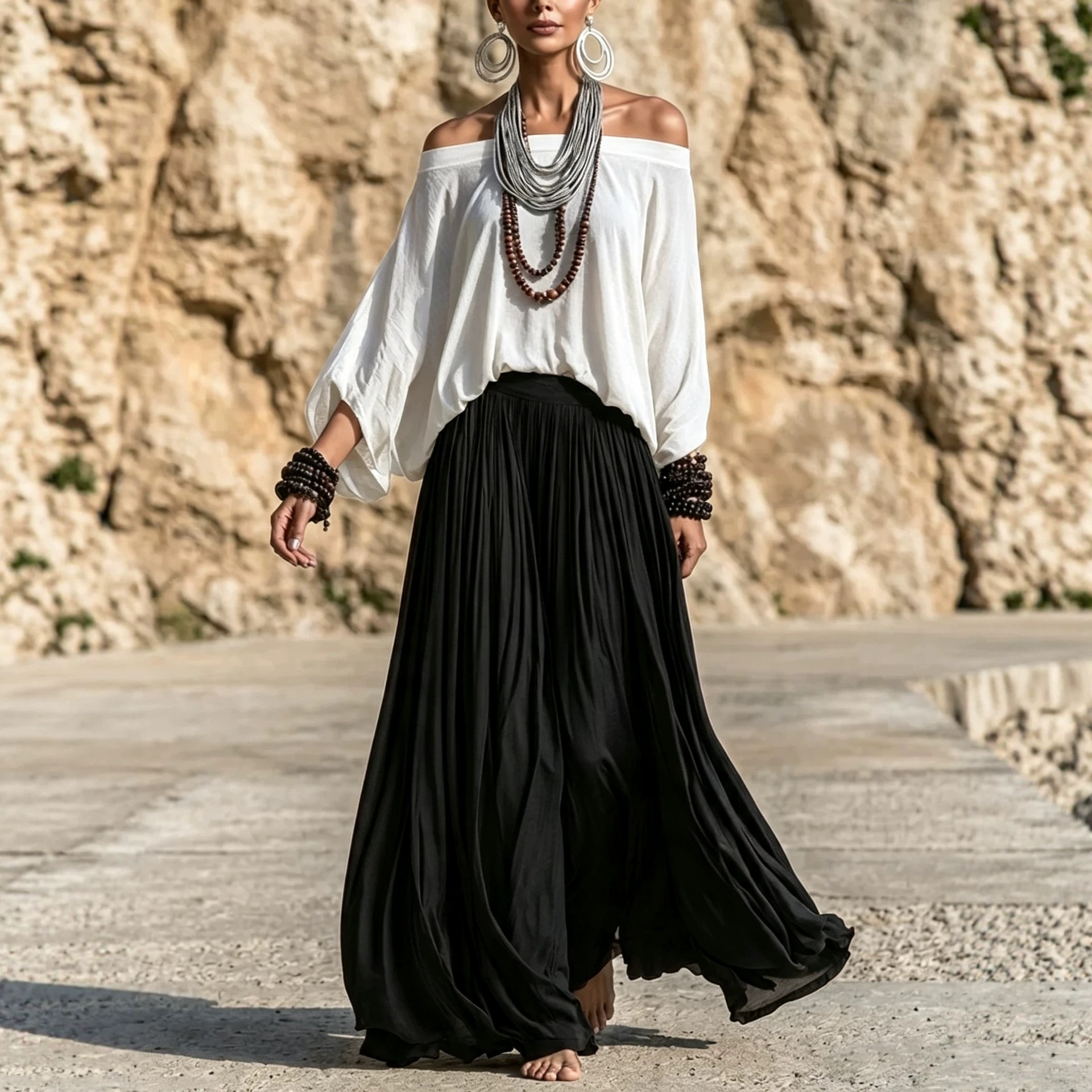 Bohemian Off-Shoulder Top & Wide-Leg Maxi Skirt Two-Piece Set