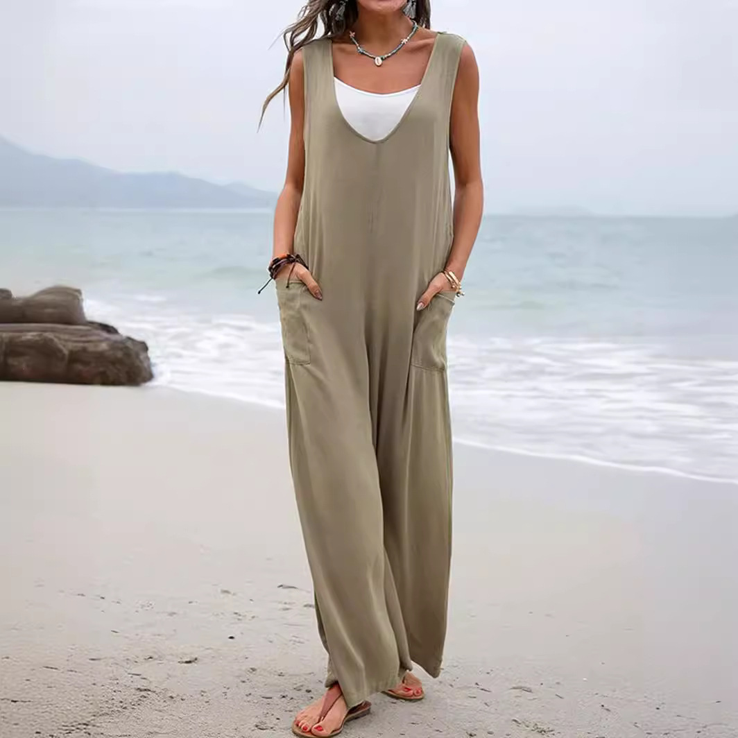 Women's Solid Color V-Neck Sleeveless Jumpsuit with Pockets