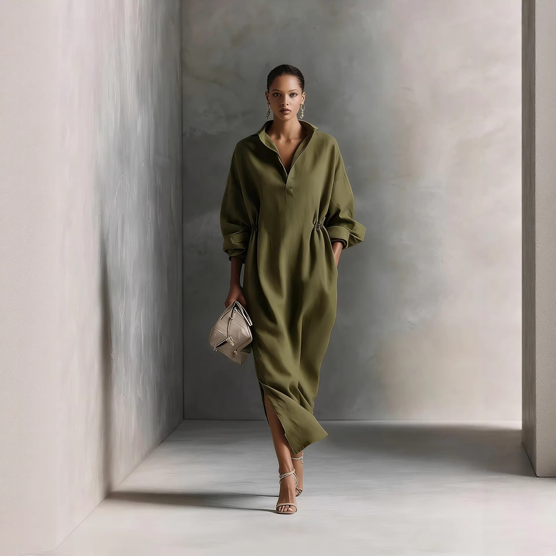 Elegant Long Sleeve V-Neck Slit A-Line Maxi Dress