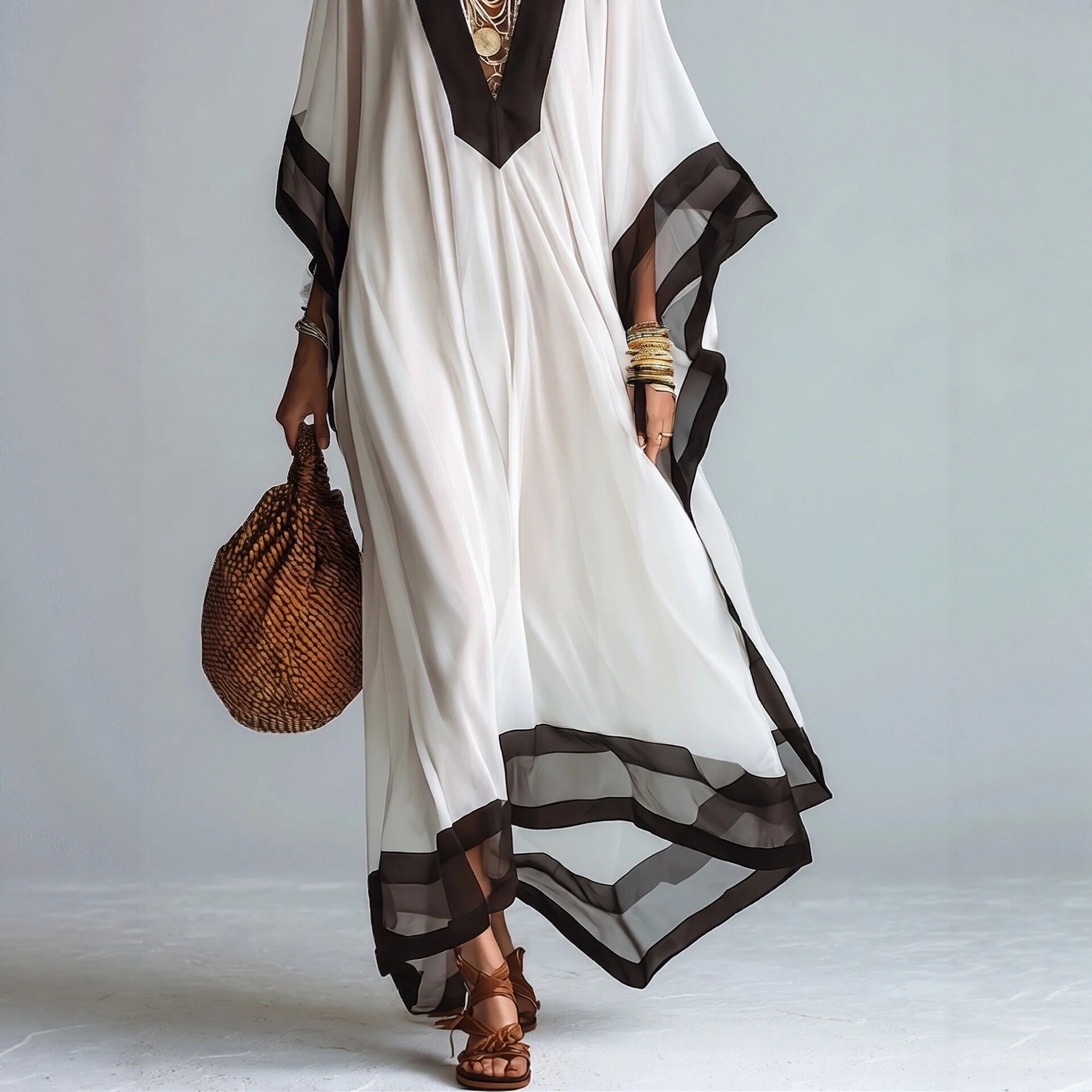 French Black and White Colorblock V-Neck Batwing Sleeve Maxi Dress