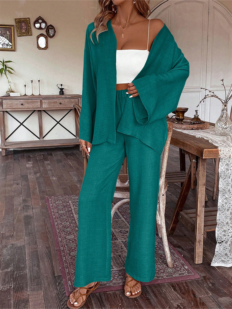 Women's Cotton-Linen Cardigan & Wide-Leg Pants Two-Piece Set