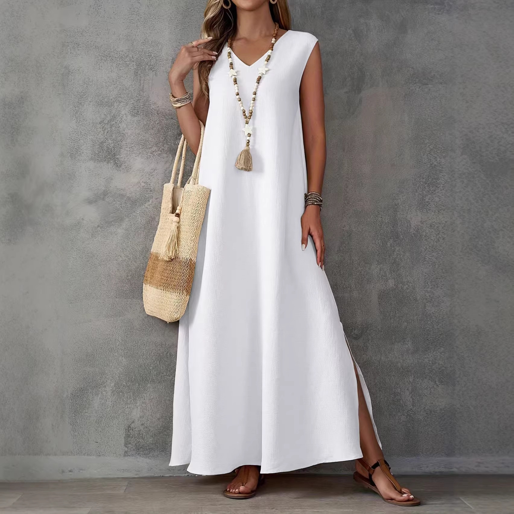 Women's Sleeveless V-Neck Side Slit Long Dress Elegant