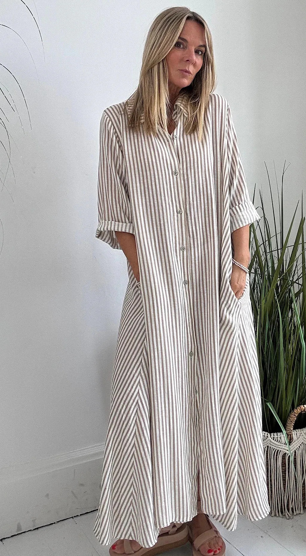 Striped Collared Midi Dress with Three-Quarter Sleeves and Button Front