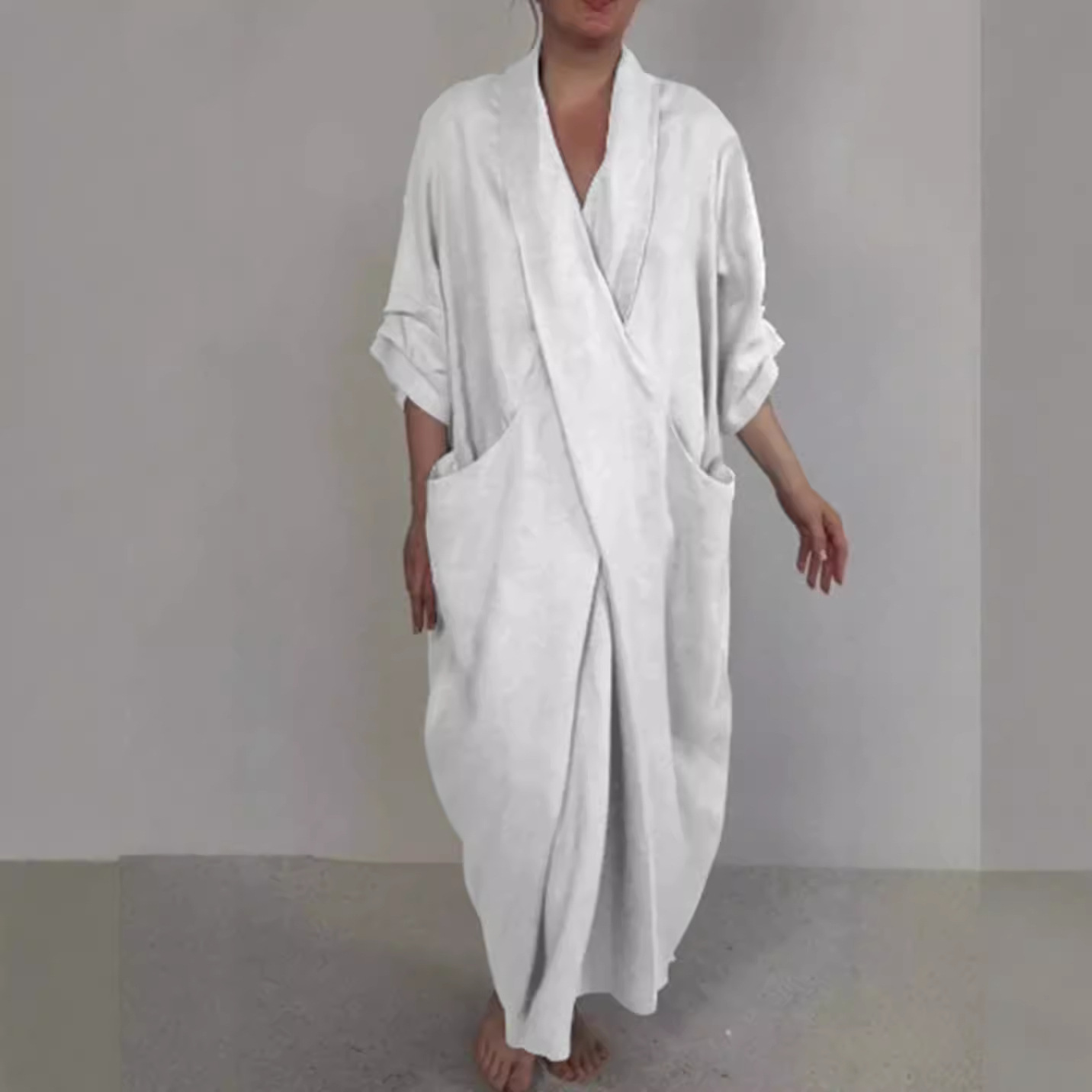 Women's V-Neck Split Hem Casual Dress Solid Color Loose Fit Long Dress